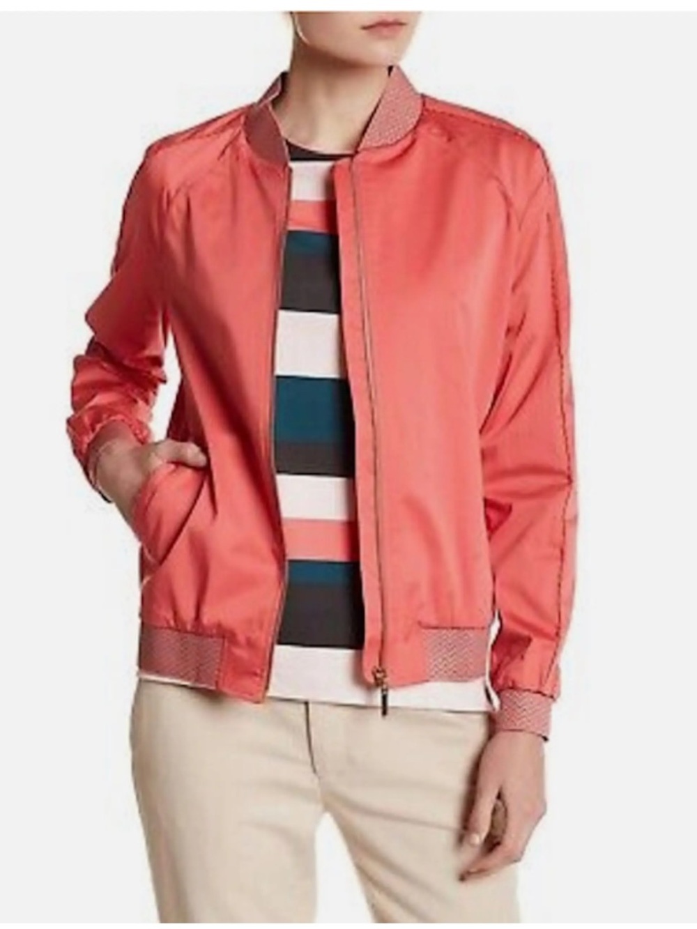 Ted Baker Jacket Colour By Numbers Calda Scalloped Satin Coral Pink Bomber
